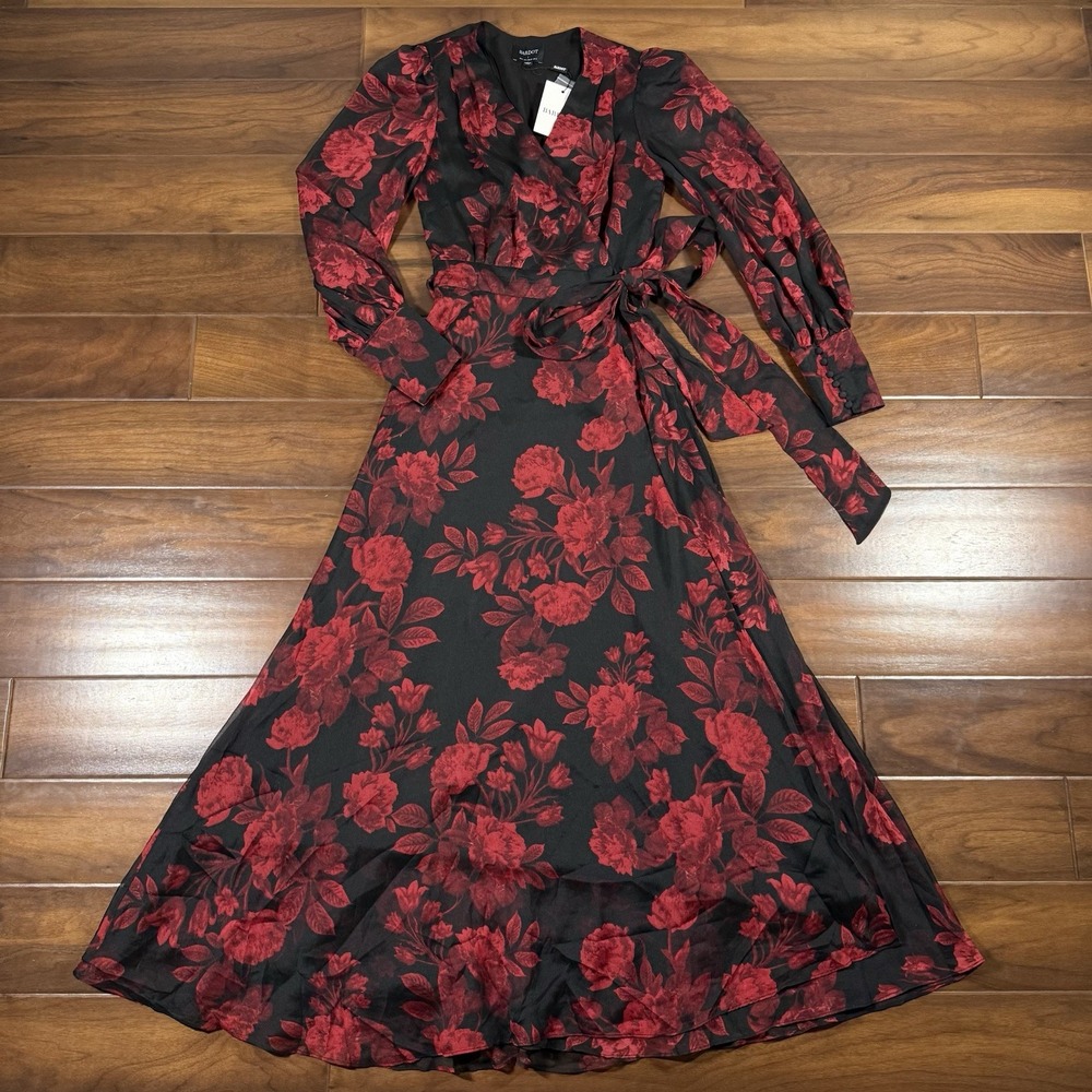 Bardot Size US 4 /‎ Small Red Black Floral Lucianna Wrap Maxi Dress Long Sleeve